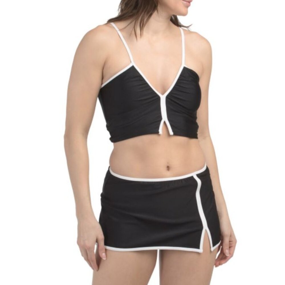 NWT SANCTUARY Cropped Two-piece Black Swimsuit with Skirted Swim Bottoms